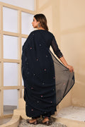 DARK BLUE FLORAL EMBROIDERED THREAD WORK MULCOTTON ANARKALI WITH ANGRAKHA PATTERN