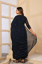 DARK BLUE FLORAL EMBROIDERED THREAD WORK MULCOTTON ANARKALI WITH ANGRAKHA PATTERN