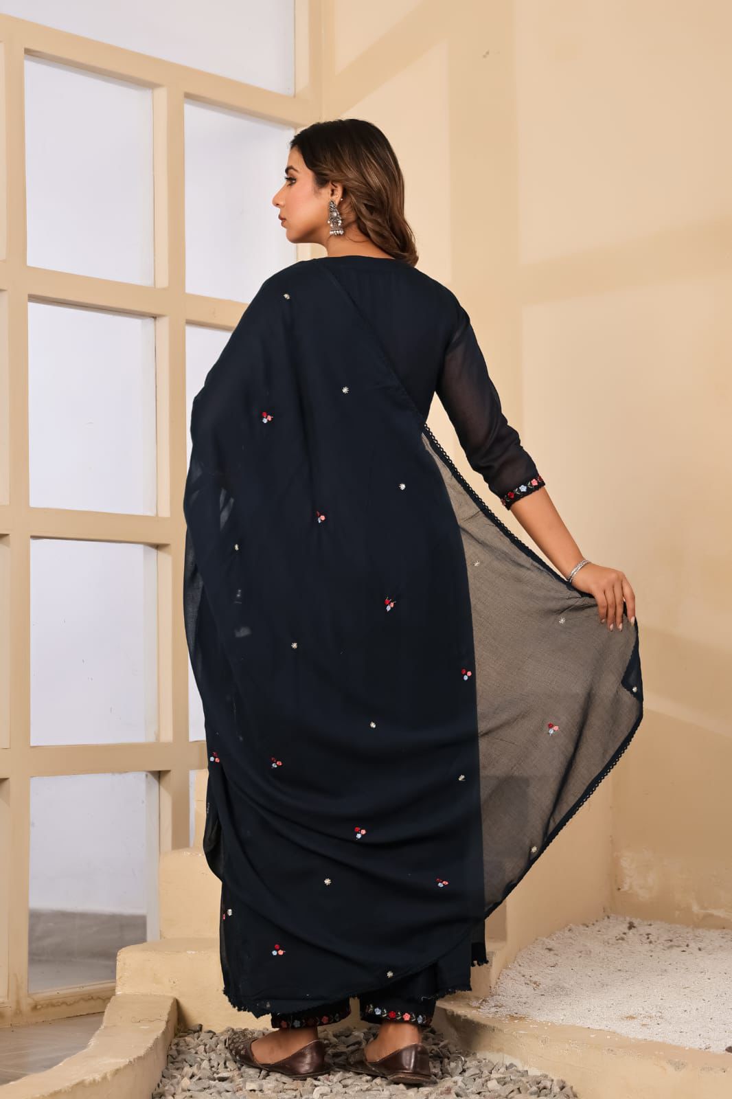DARK BLUE FLORAL EMBROIDERED THREAD WORK MULCOTTON ANARKALI WITH ANGRAKHA PATTERN