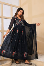 DARK BLUE FLORAL EMBROIDERED THREAD WORK MULCOTTON ANARKALI WITH ANGRAKHA PATTERN