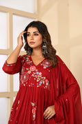 MAROON FLORAL EMBROIDERED THREAD WORK MULCOTTON ANARKALI WITH ANGRAKHA PATTERN
