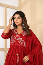 MAROON FLORAL EMBROIDERED THREAD WORK MULCOTTON ANARKALI WITH ANGRAKHA PATTERN