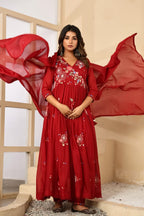 MAROON FLORAL EMBROIDERED THREAD WORK MULCOTTON ANARKALI WITH ANGRAKHA PATTERN