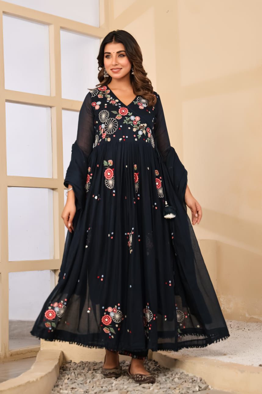 DARK BLUE FLORAL EMBROIDERED THREAD WORK MULCOTTON ANARKALI WITH ANGRAKHA PATTERN