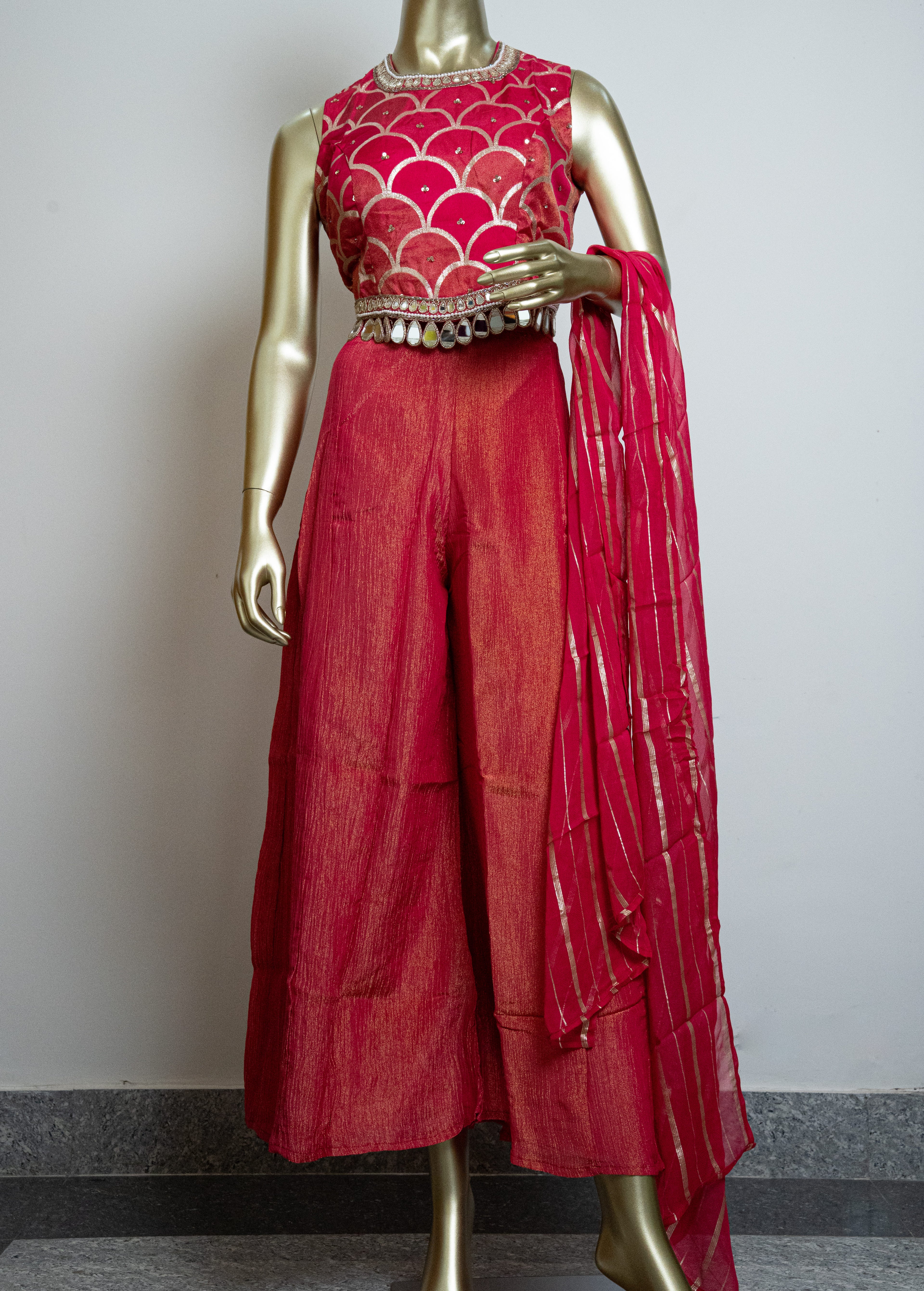 RUSTY PINK BROCADE EMBELLISHED MIRROR WORK TOP WITH PLAZZO SET