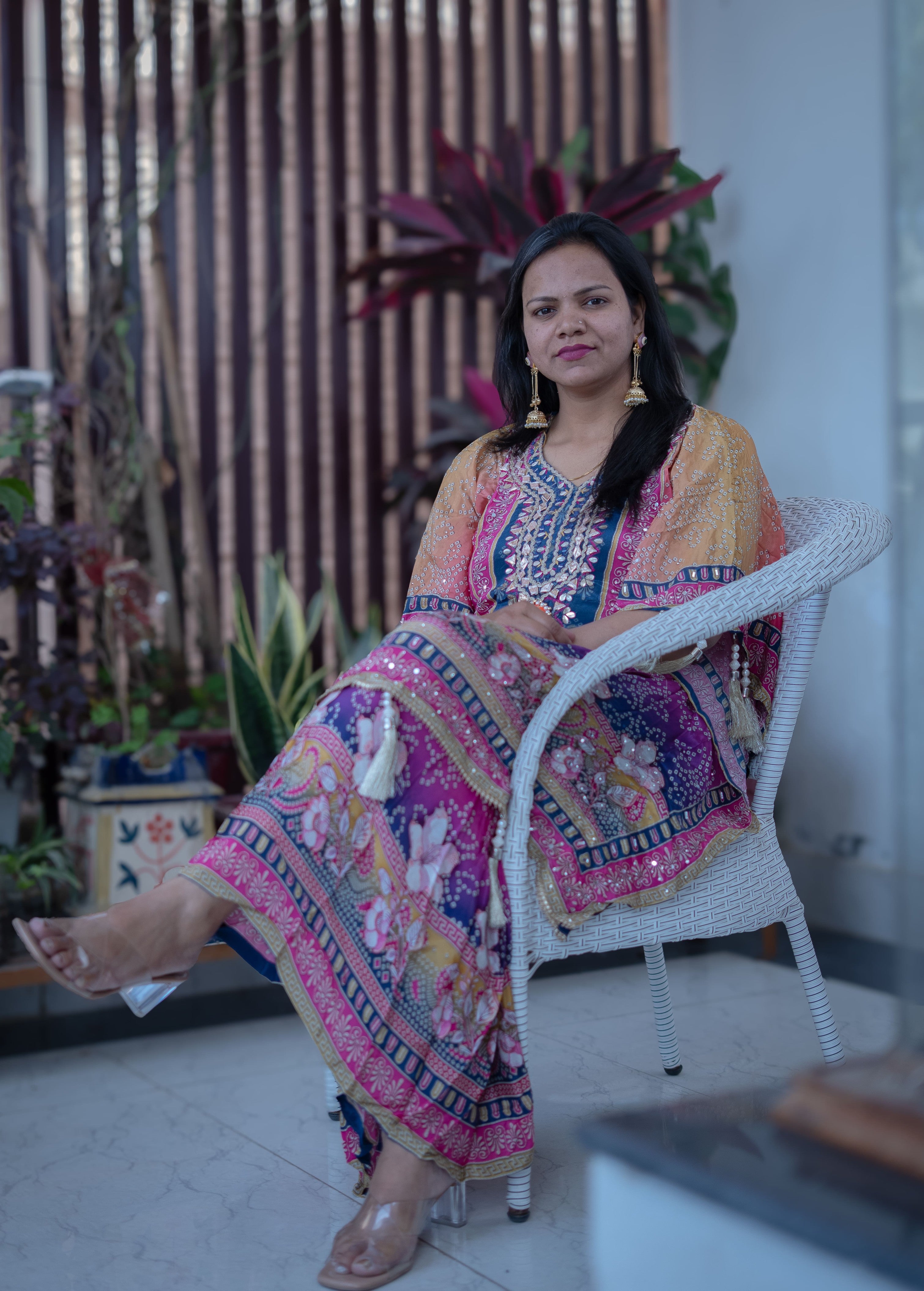 Multi-Color Digital Print Kaftan Kurta Set with Pearl Tassels & Yoke Embroidery