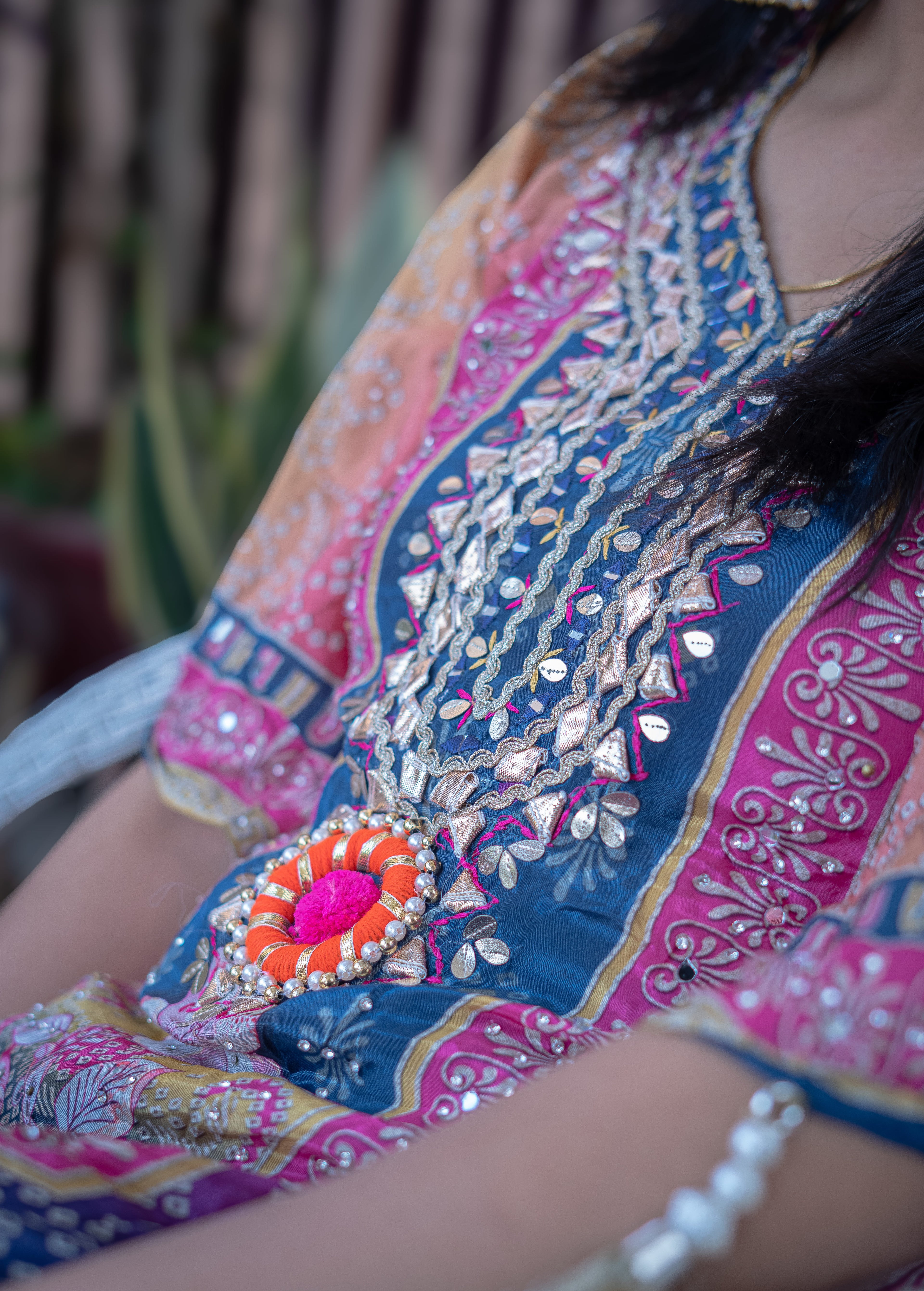 Multi-Color Digital Print Kaftan Kurta Set with Pearl Tassels & Yoke Embroidery