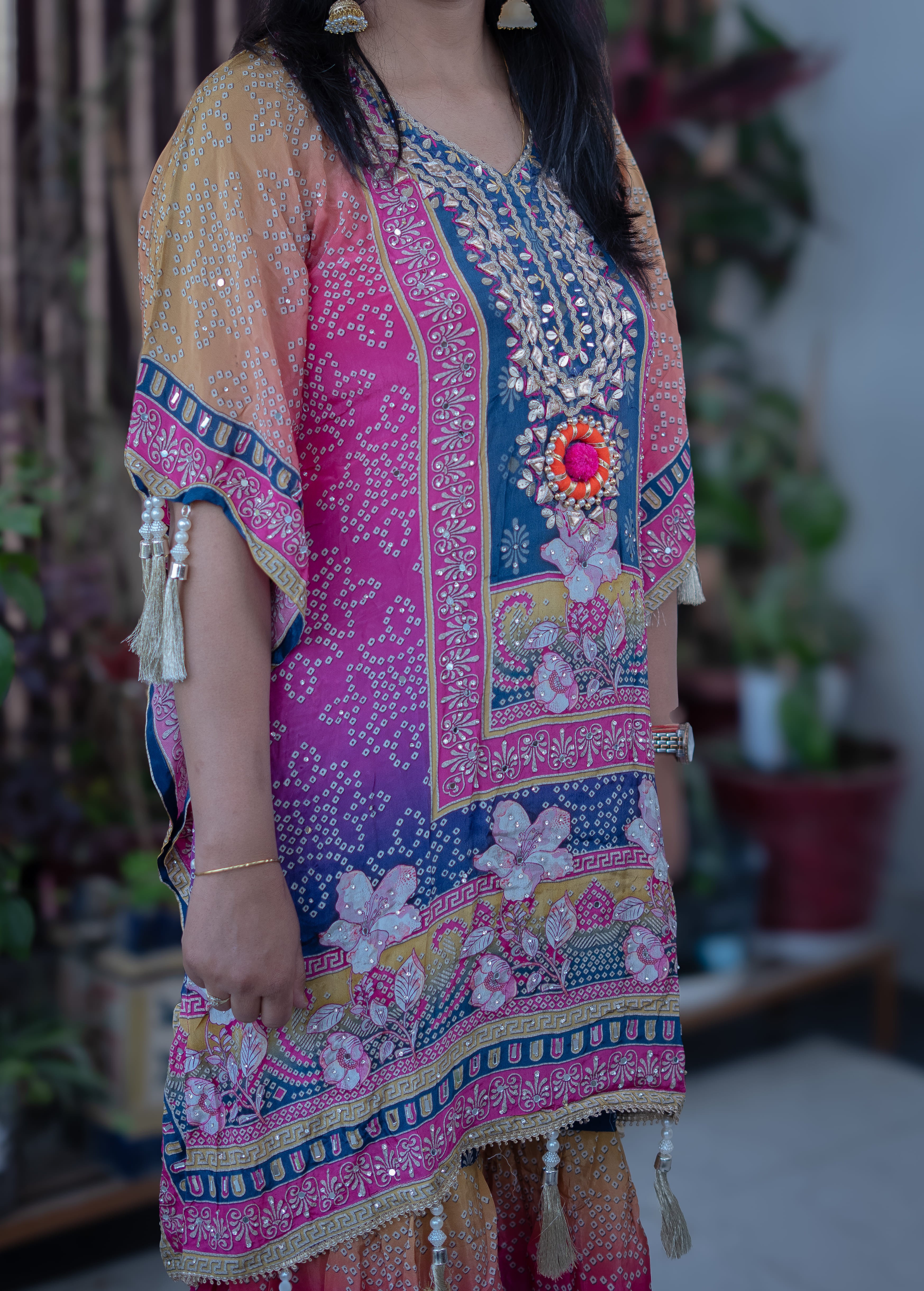 Multi-Color Digital Print Kaftan Kurta Set with Pearl Tassels & Yoke Embroidery
