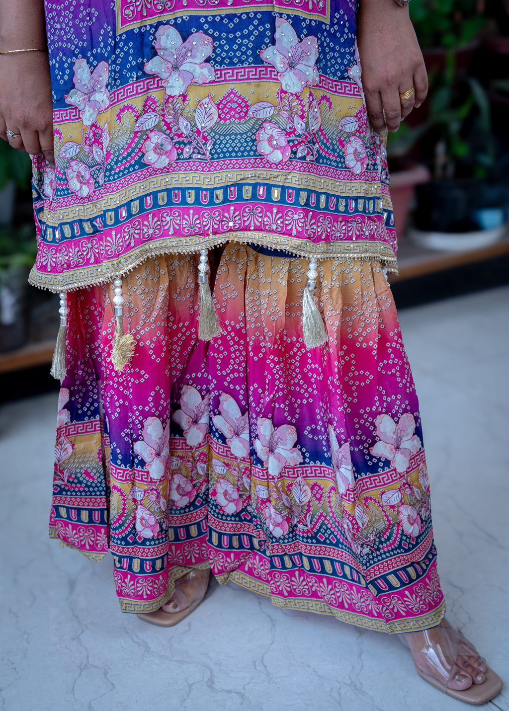 Multi-Color Digital Print Kaftan Kurta Set with Pearl Tassels & Yoke Embroidery