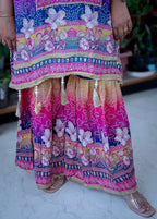 Multi-Color Digital Print Kaftan Kurta Set with Pearl Tassels & Yoke Embroidery