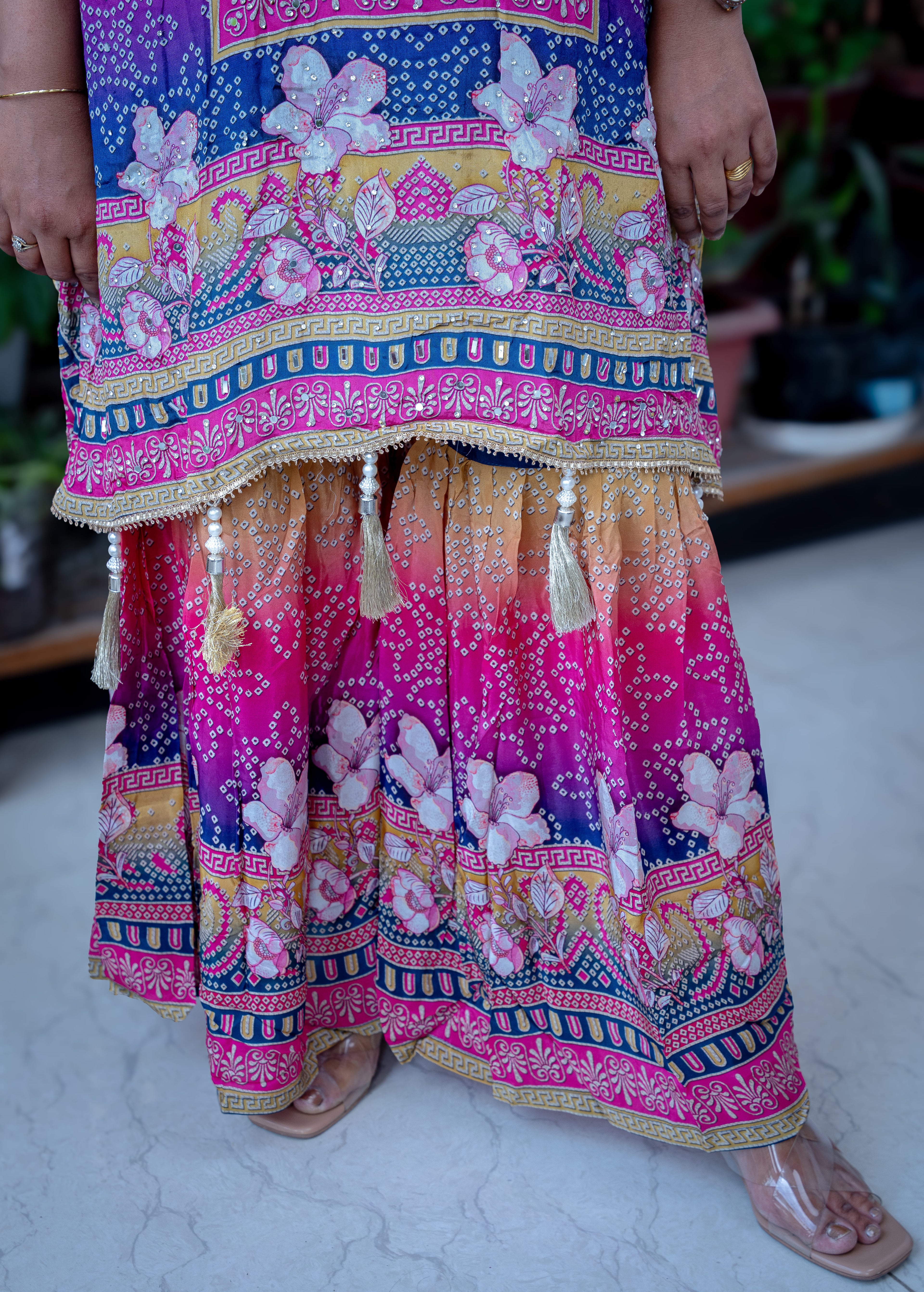 Multi-Color Digital Print Kaftan Kurta Set with Pearl Tassels & Yoke Embroidery