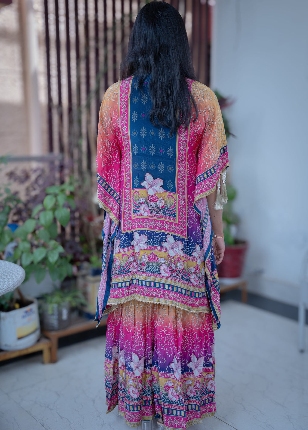Multi-Color Digital Print Kaftan Kurta Set with Pearl Tassels & Yoke Embroidery
