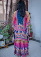 Multi-Color Digital Print Kaftan Kurta Set with Pearl Tassels & Yoke Embroidery