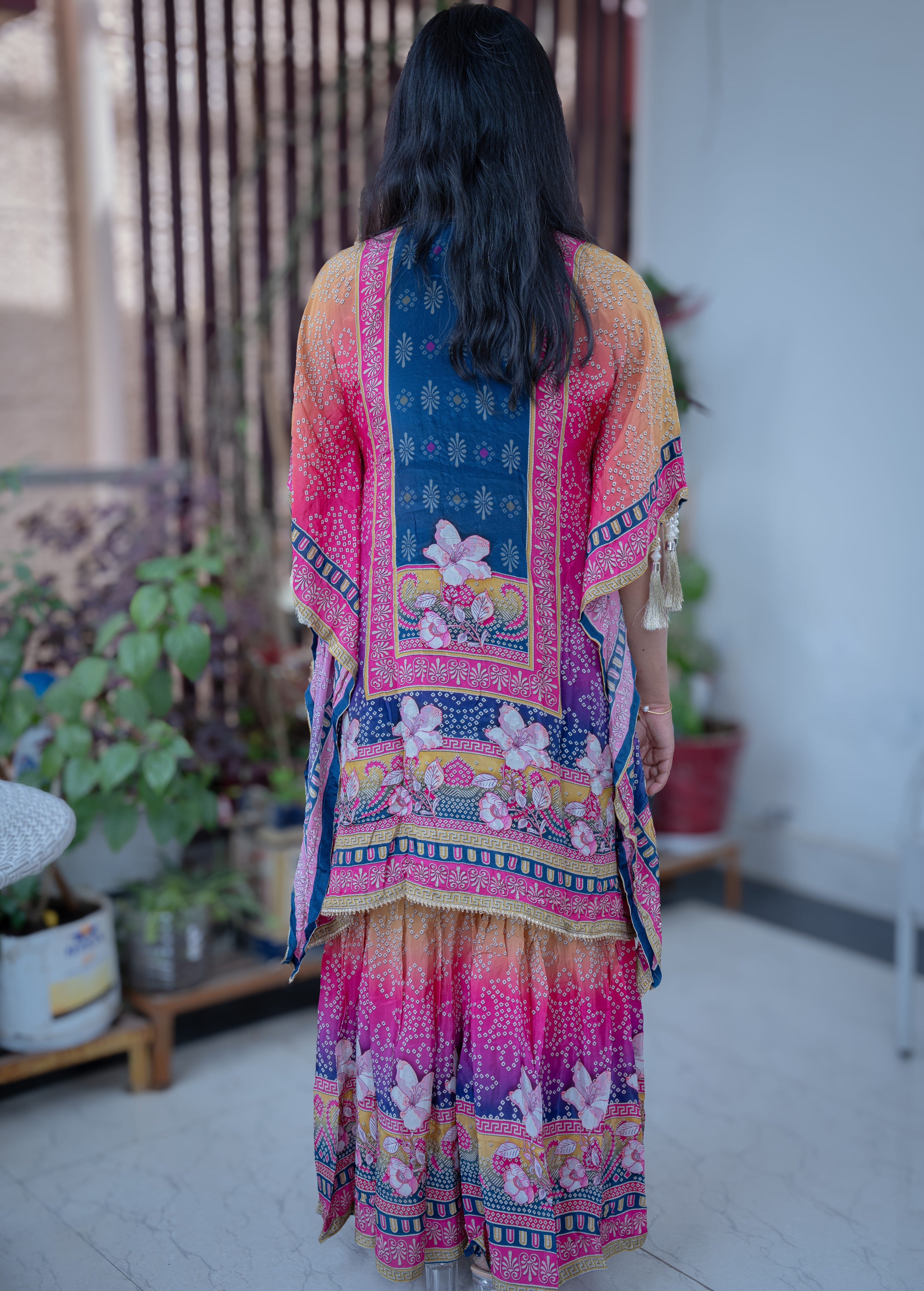 Multi-Color Digital Print Kaftan Kurta Set with Pearl Tassels & Yoke Embroidery