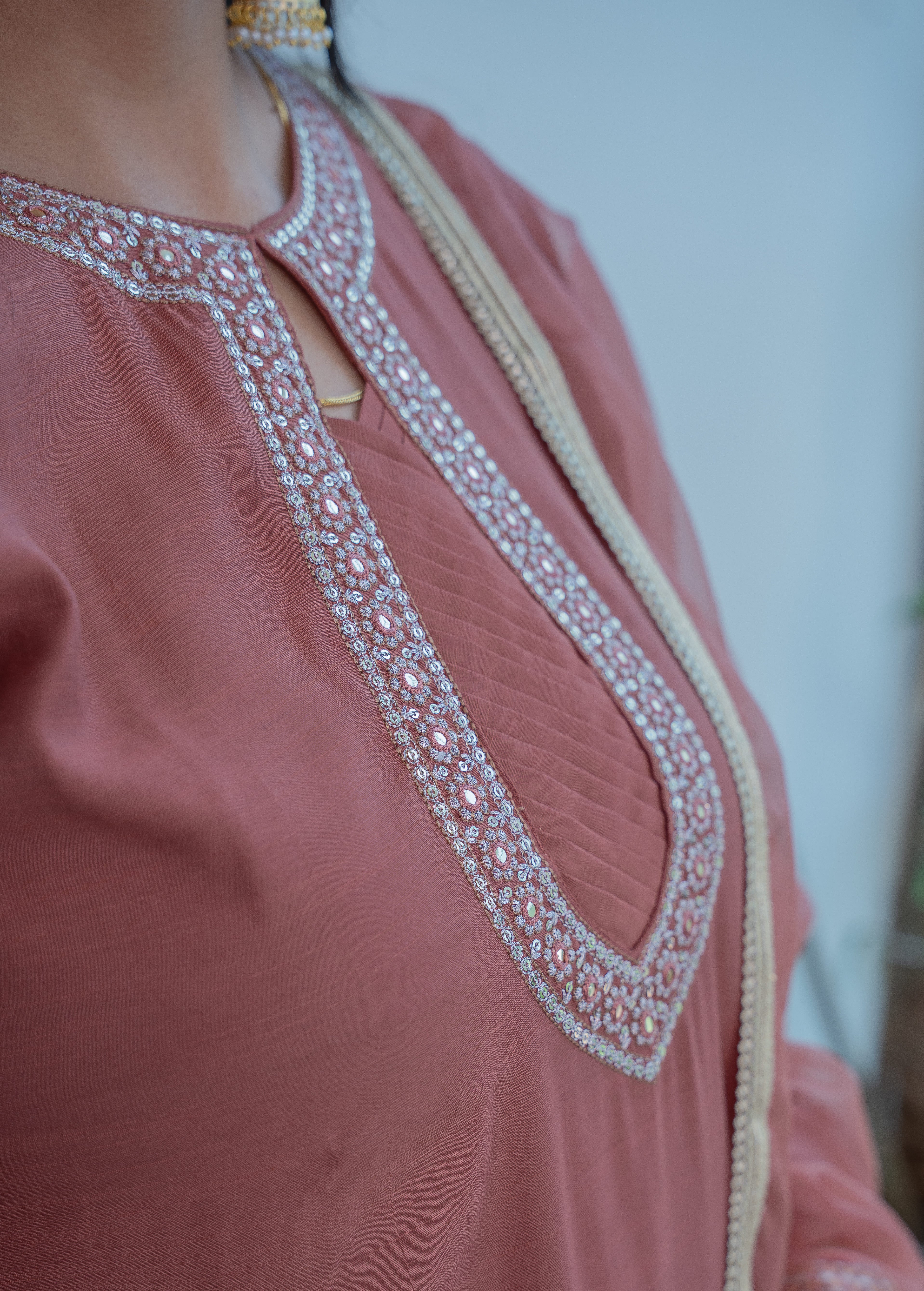 3-piece"Dusty Rose Organza Straight Suit Set with Gota Dupatta"