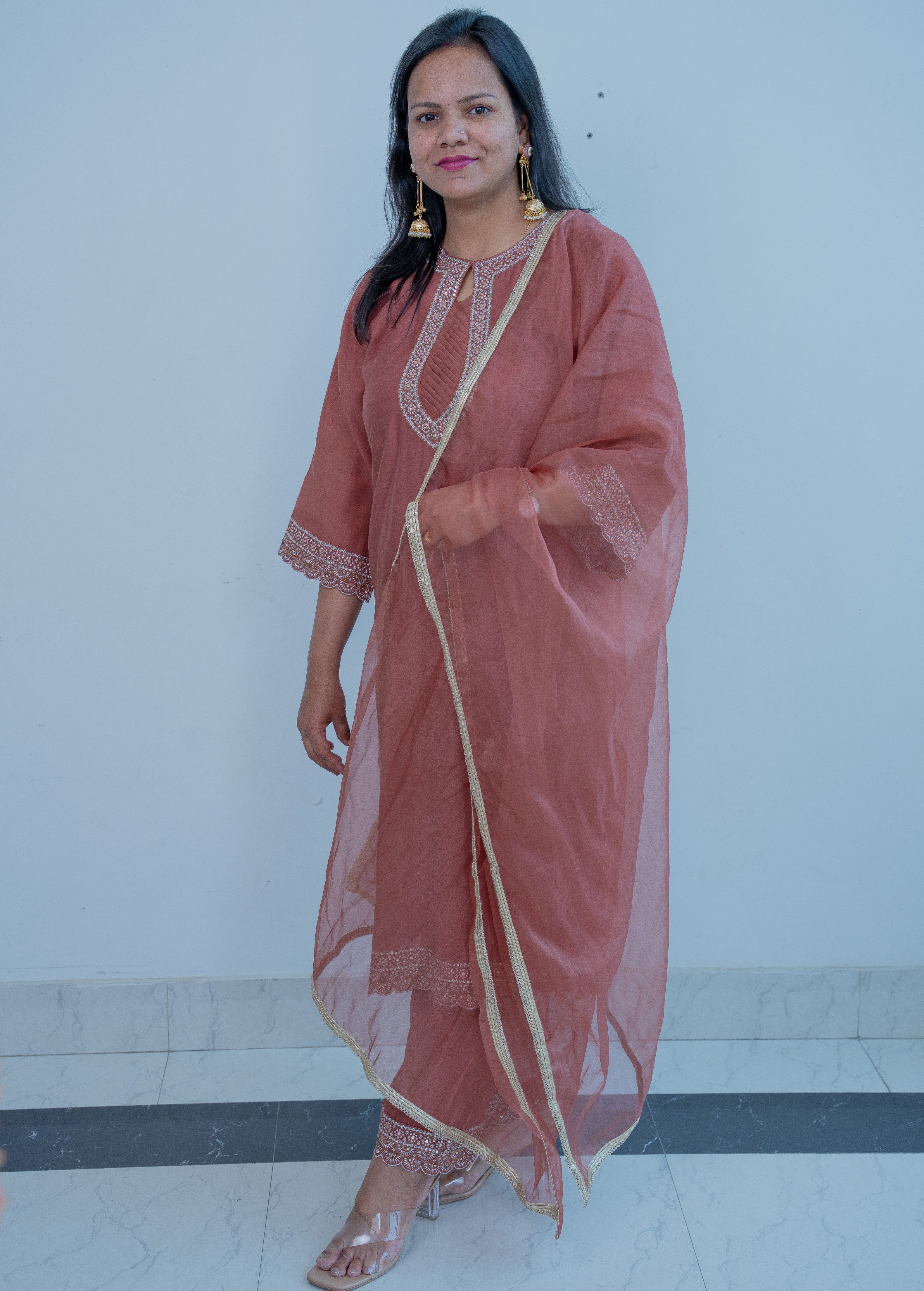 3-piece"Dusty Rose Organza Straight Suit Set with Gota Dupatta"