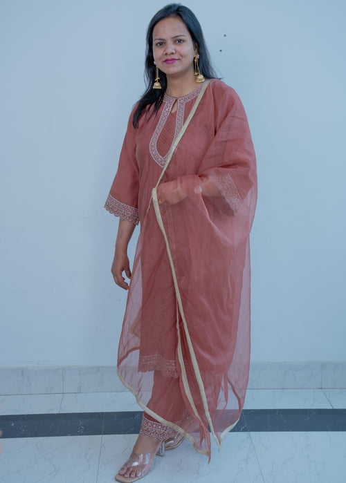3-piece"Dusty Rose Organza Straight Suit Set with Gota Dupatta"