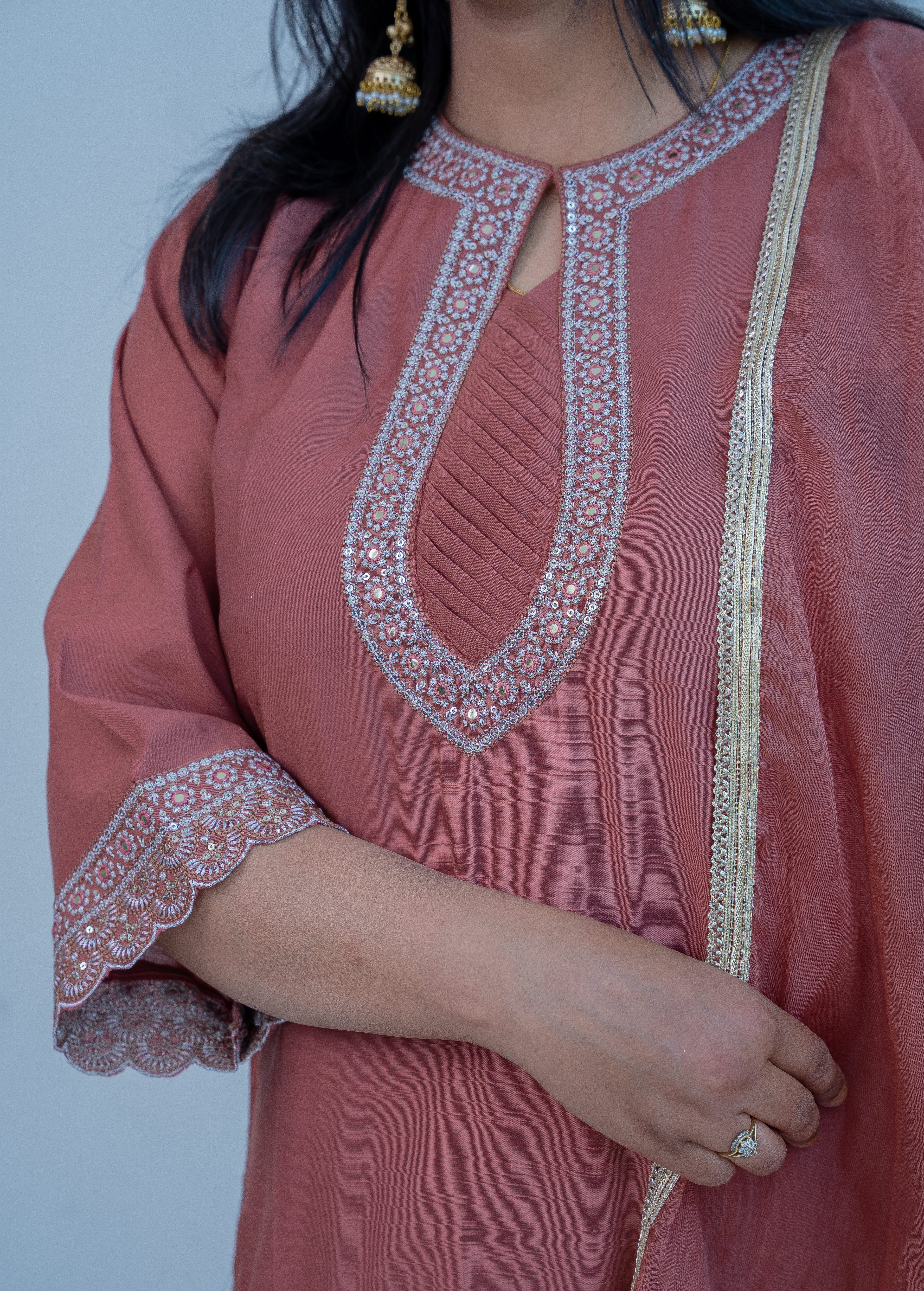 3-piece"Dusty Rose Organza Straight Suit Set with Gota Dupatta"