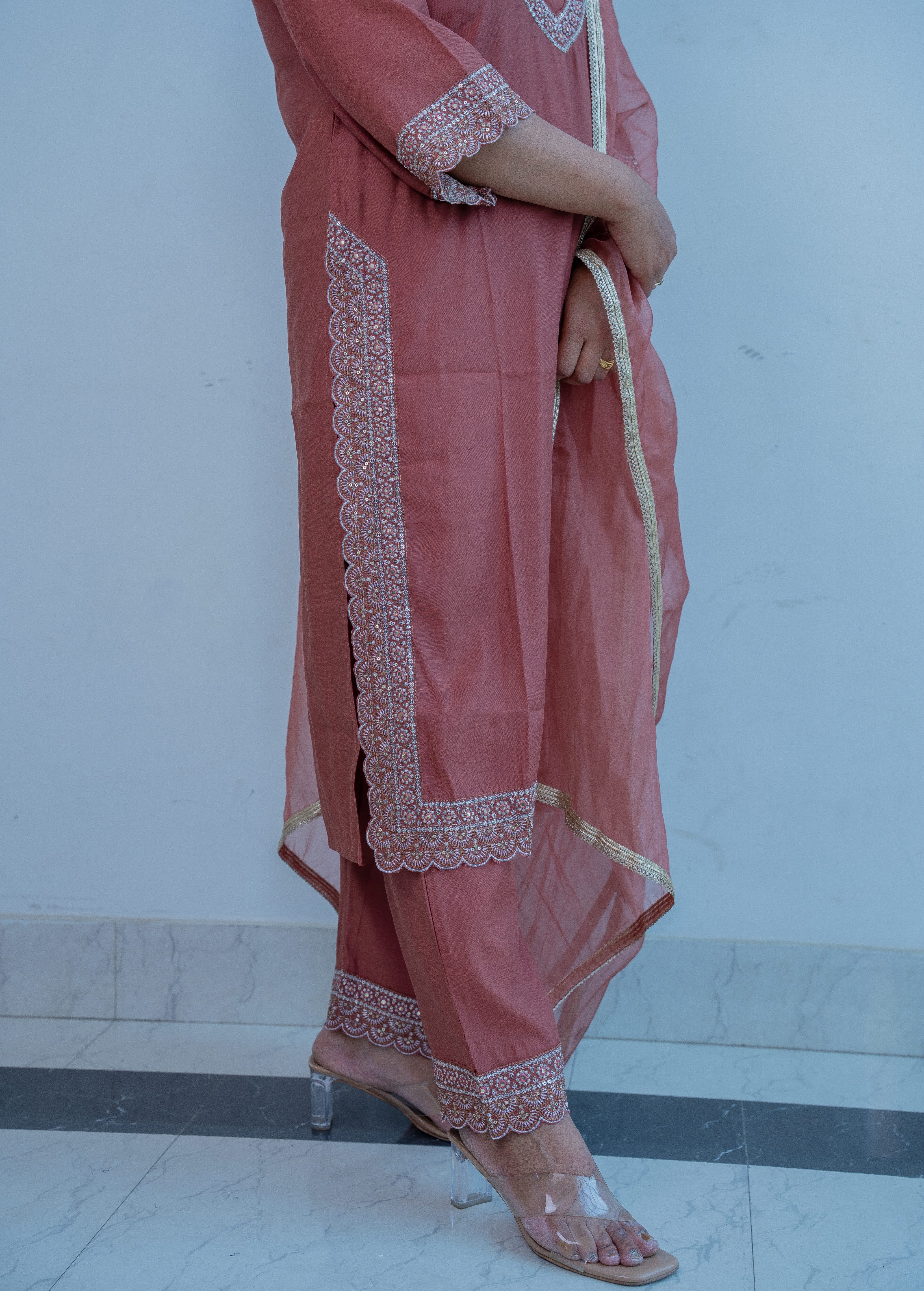 3-piece"Dusty Rose Organza Straight Suit Set with Gota Dupatta"
