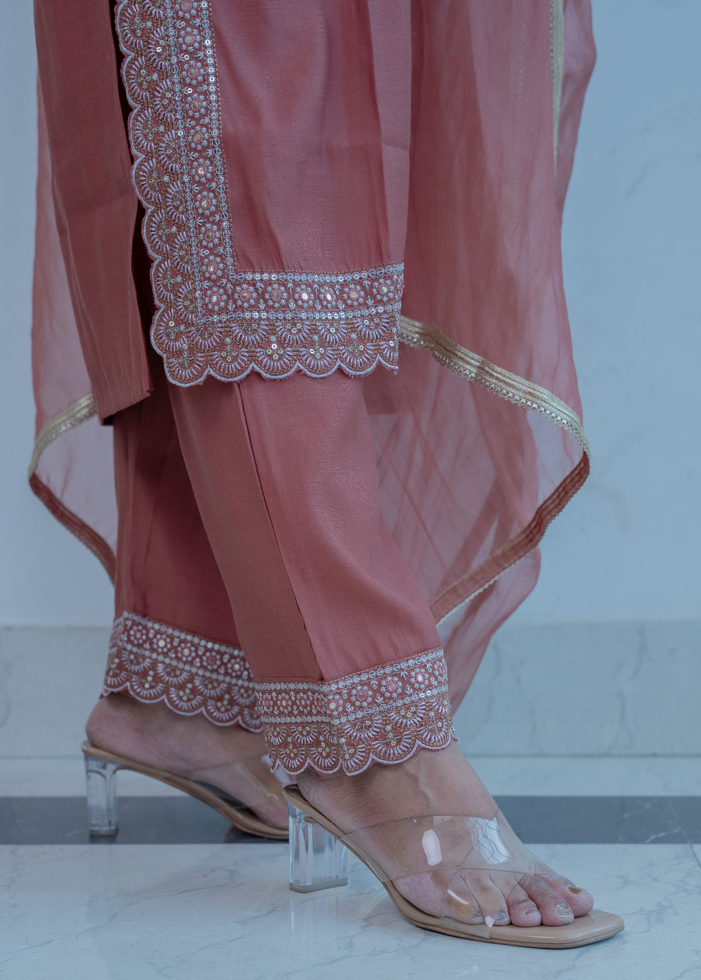 3-piece"Dusty Rose Organza Straight Suit Set with Gota Dupatta"