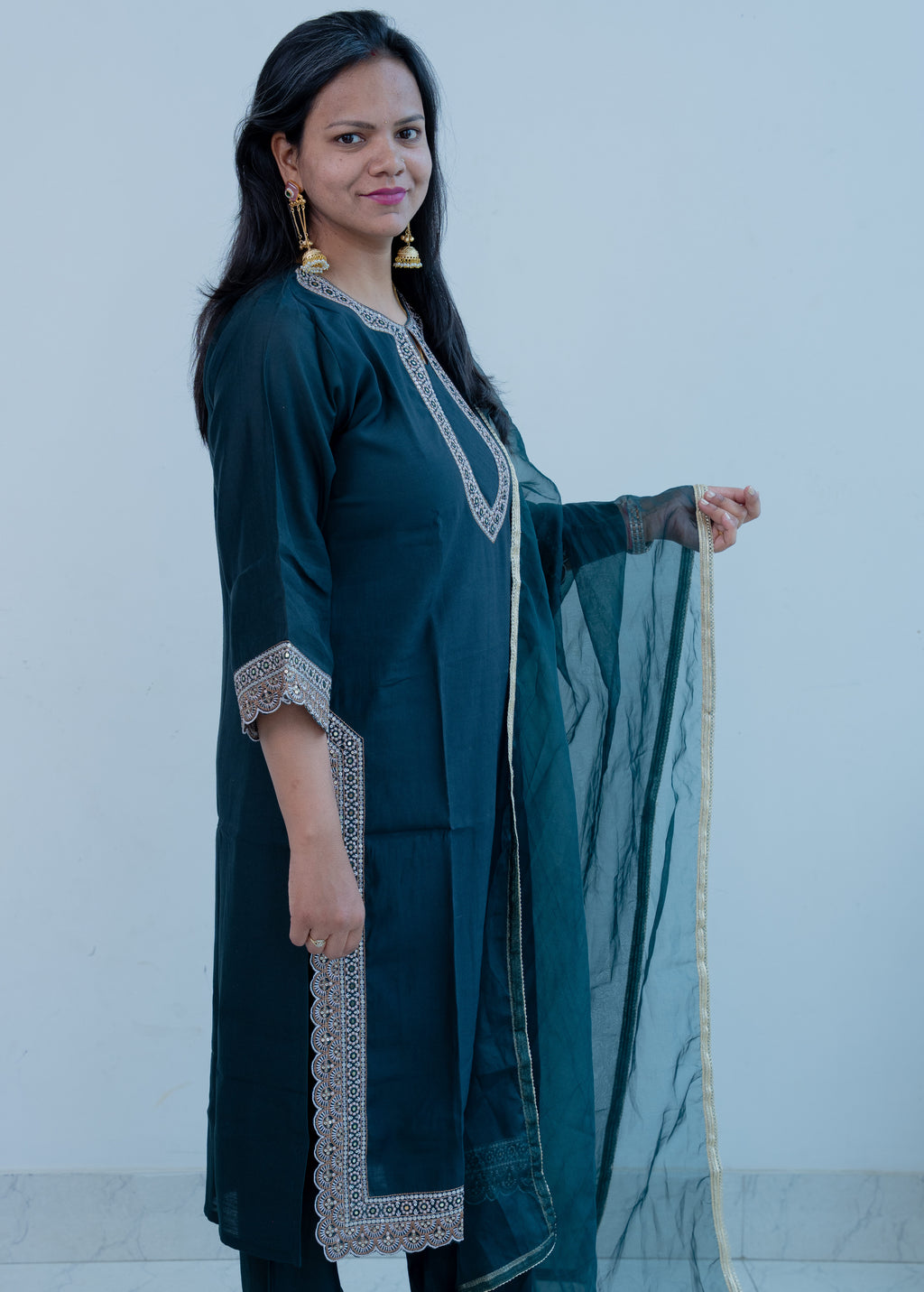 3-piece Teal Blue Silk Blend Straight Suit Set with Scalloped Border & Organza Dupatta"