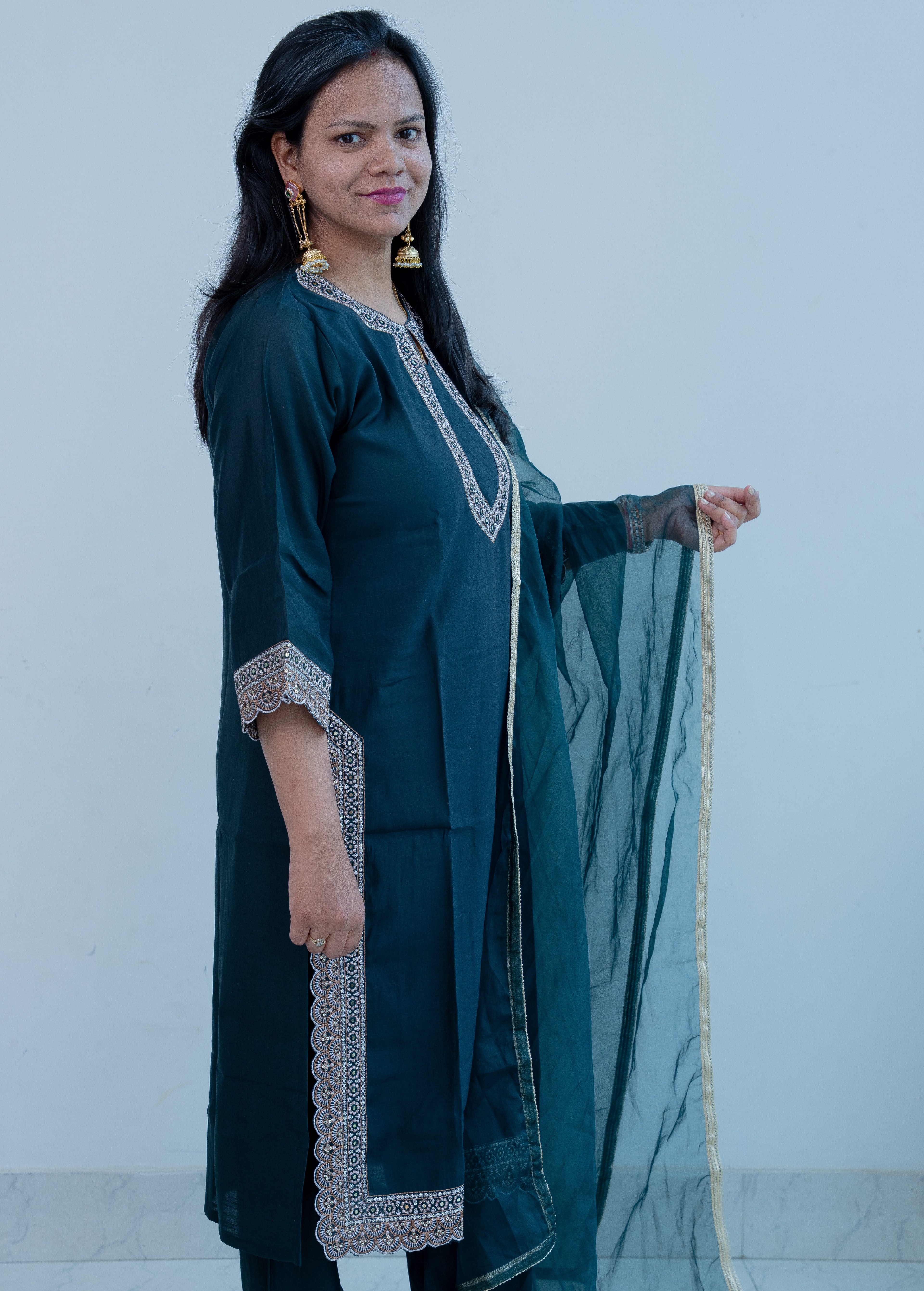 3-piece Teal Blue Silk Blend Straight Suit Set with Scalloped Border & Organza Dupatta"