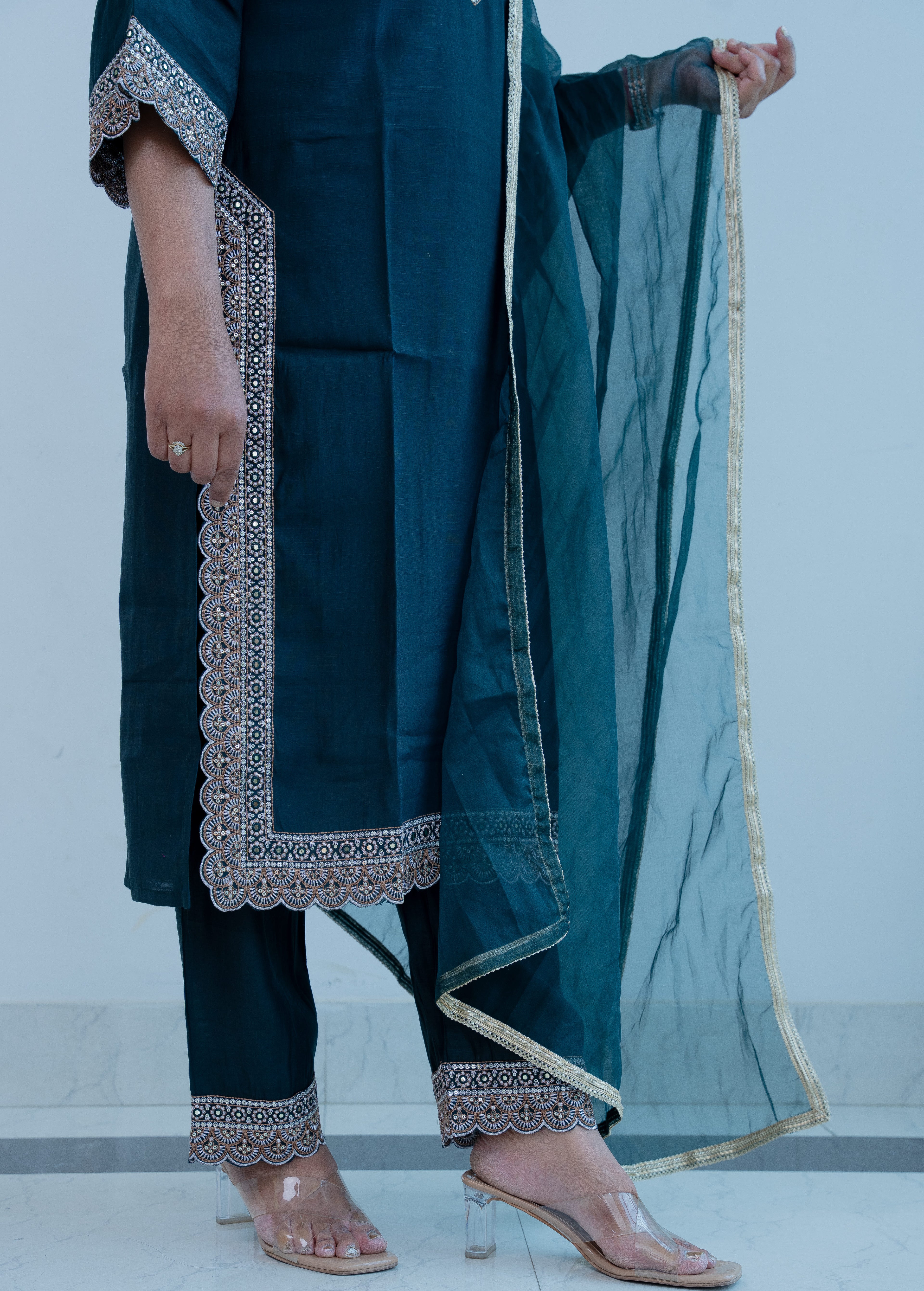 3-piece Teal Blue Silk Blend Straight Suit Set with Scalloped Border & Organza Dupatta"
