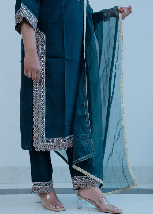 3-piece Teal Blue Silk Blend Straight Suit Set with Scalloped Border & Organza Dupatta"