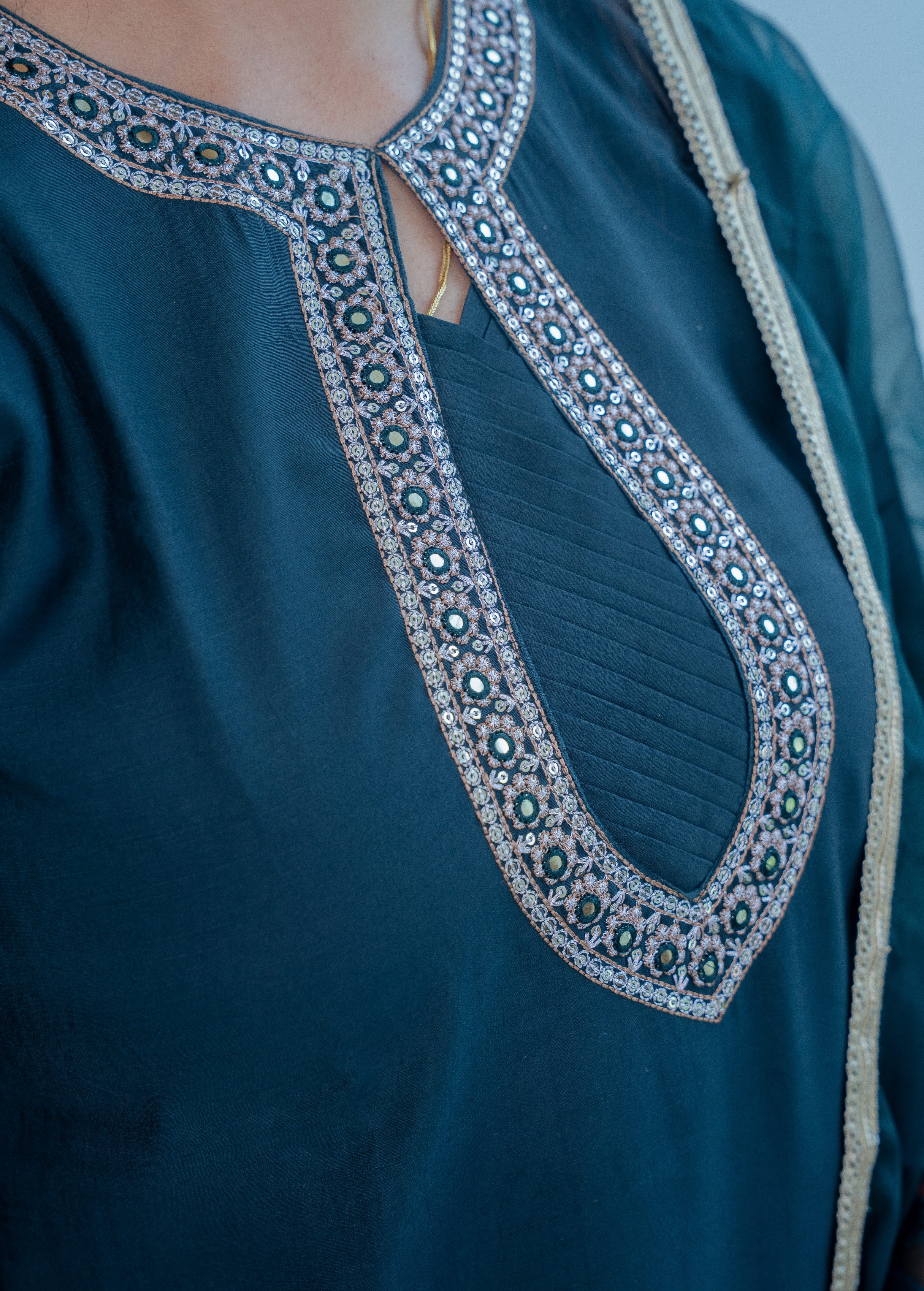 3-piece Teal Blue Silk Blend Straight Suit Set with Scalloped Border & Organza Dupatta"