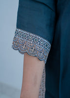 3-piece Teal Blue Silk Blend Straight Suit Set with Scalloped Border & Organza Dupatta"