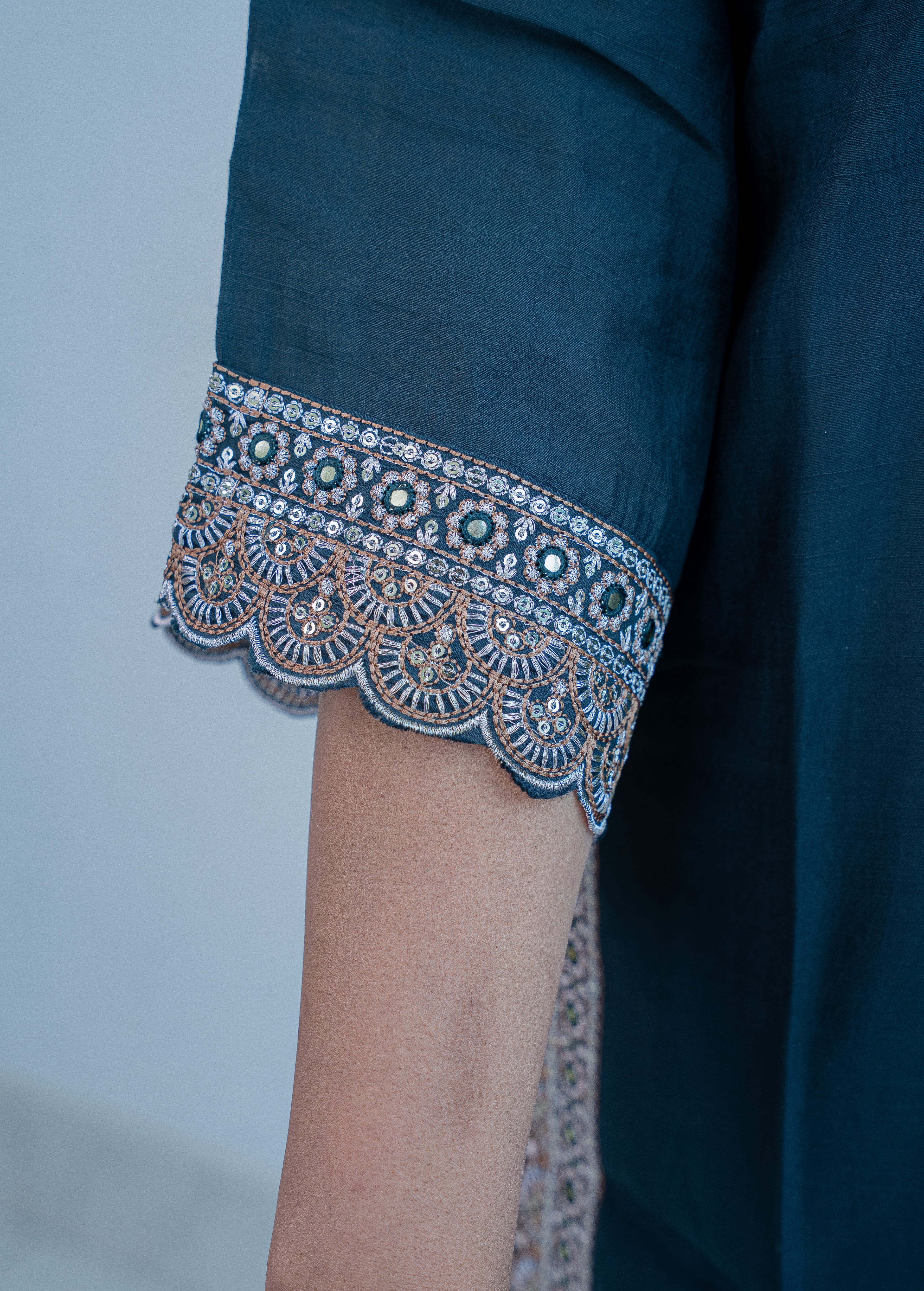 3-piece Teal Blue Silk Blend Straight Suit Set with Scalloped Border & Organza Dupatta"