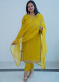 3-piece Mustard Yellow Kota Cotton Straight Suit Set with Scalloped Zari Border