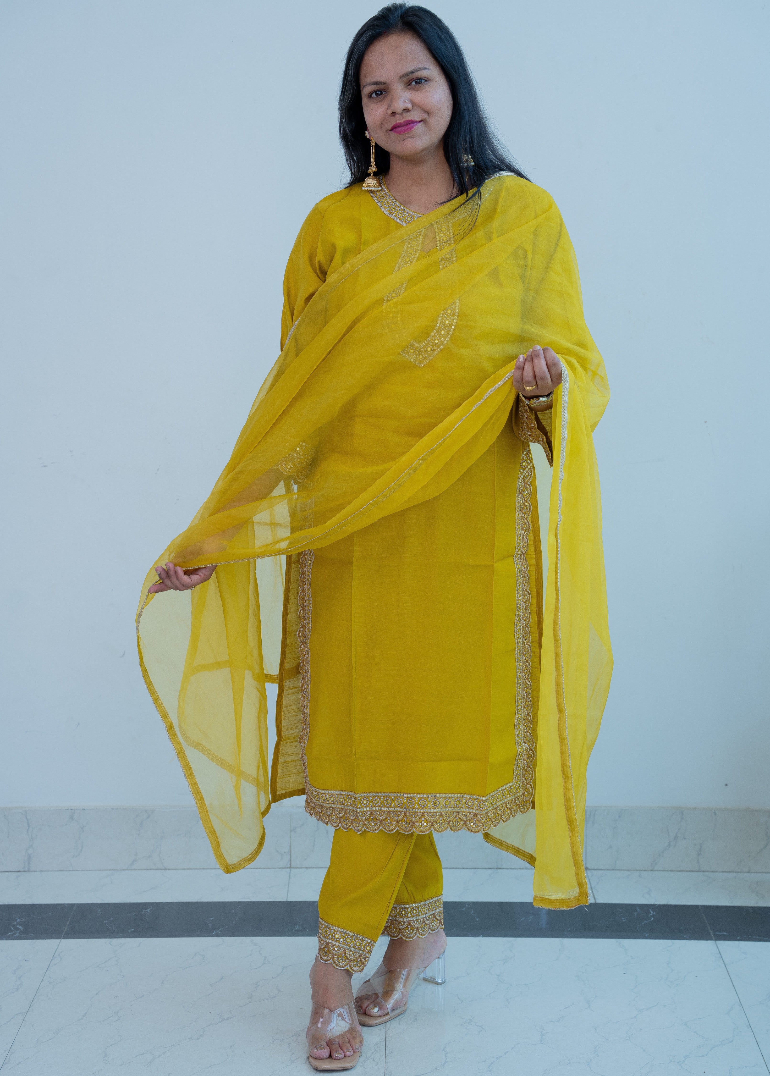 3-piece Mustard Yellow Kota Cotton Straight Suit Set with Scalloped Zari Border