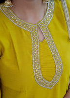 3-piece Mustard Yellow Kota Cotton Straight Suit Set with Scalloped Zari Border