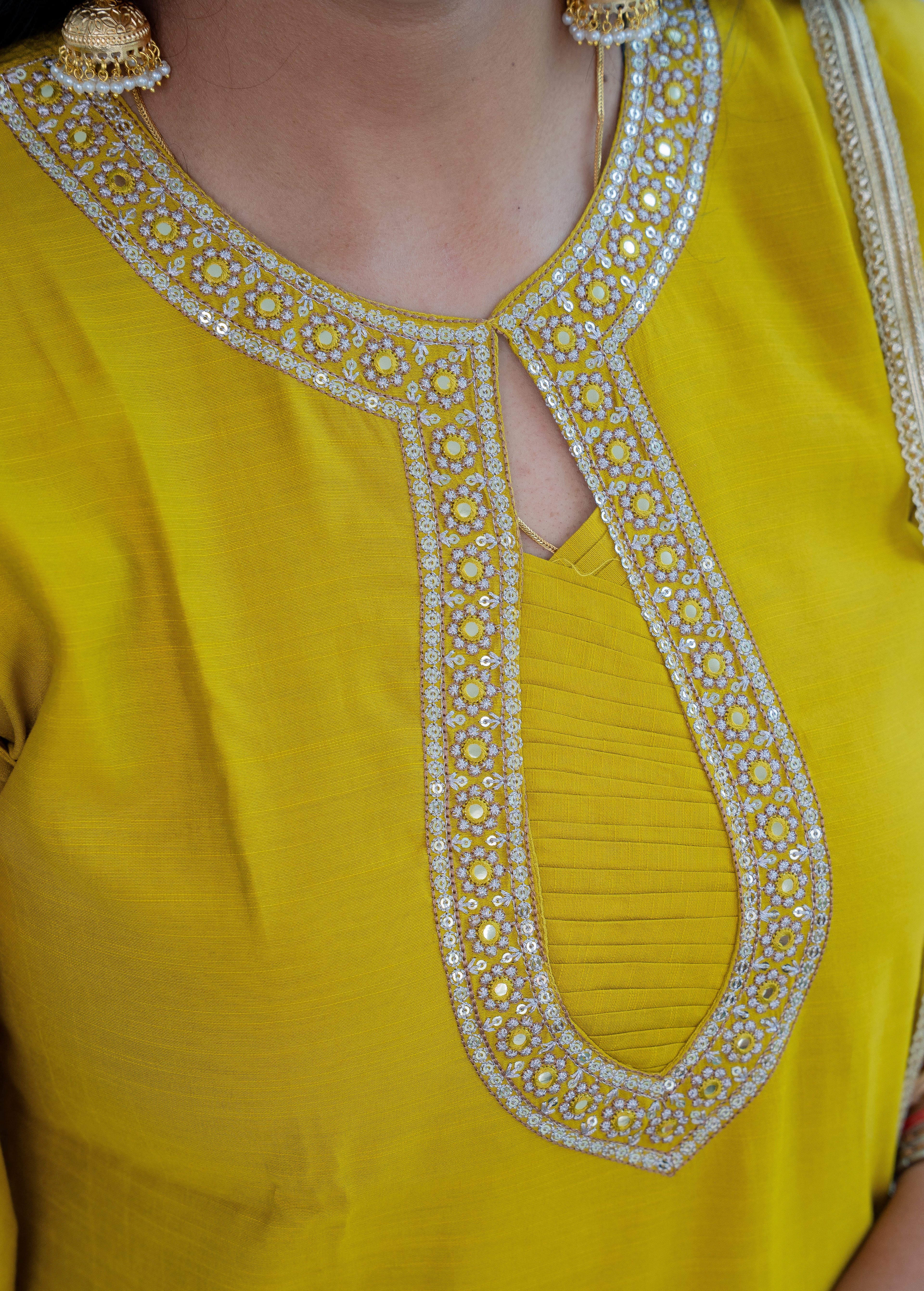 3-piece Mustard Yellow Kota Cotton Straight Suit Set with Scalloped Zari Border
