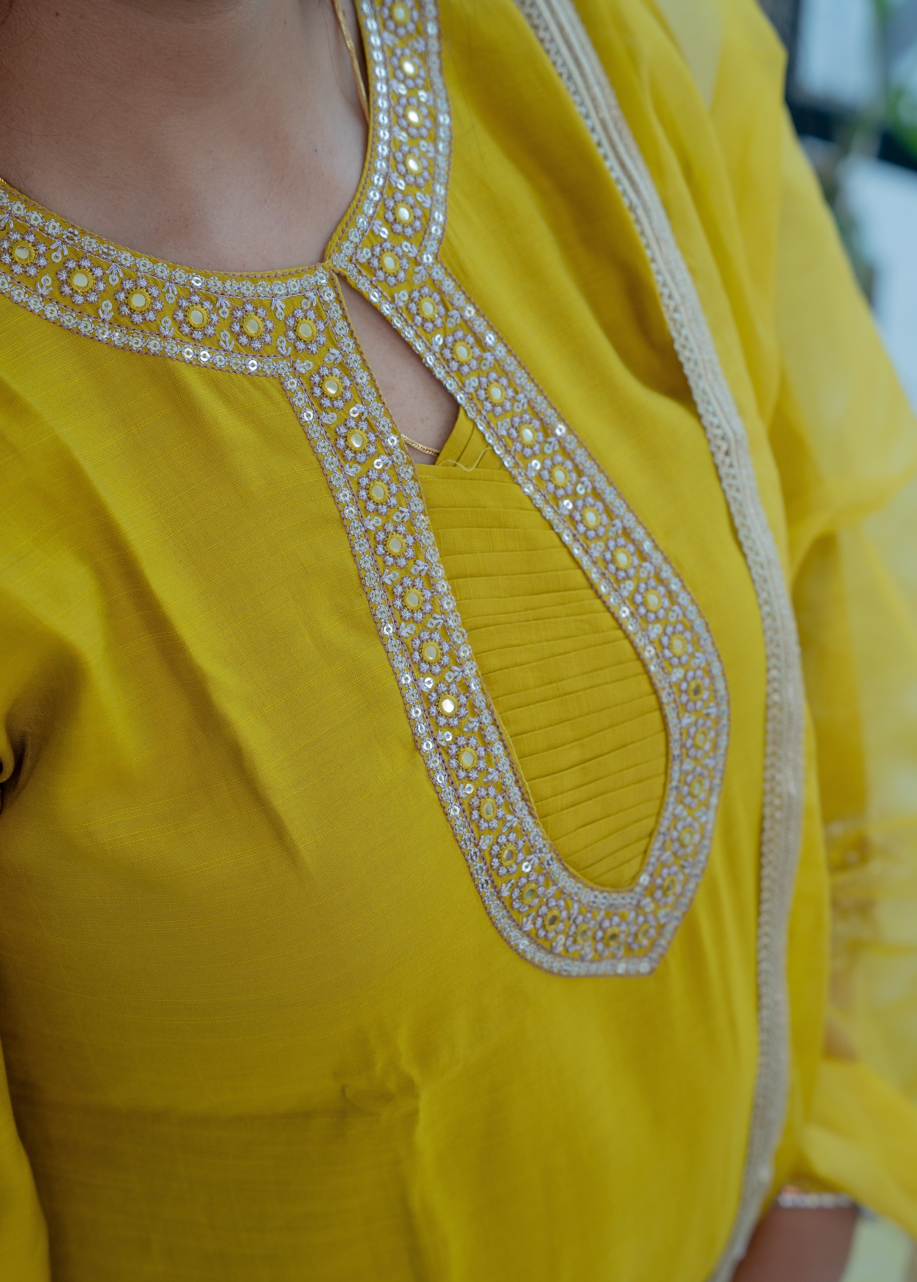 3-piece Mustard Yellow Kota Cotton Straight Suit Set with Scalloped Zari Border