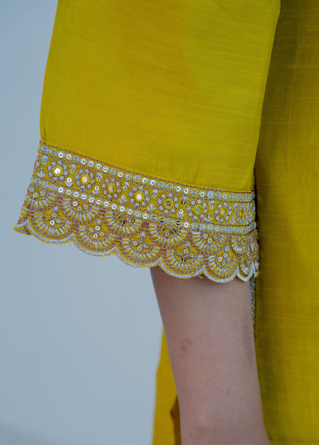 3-piece Mustard Yellow Kota Cotton Straight Suit Set with Scalloped Zari Border