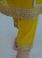 3-piece Mustard Yellow Kota Cotton Straight Suit Set with Scalloped Zari Border