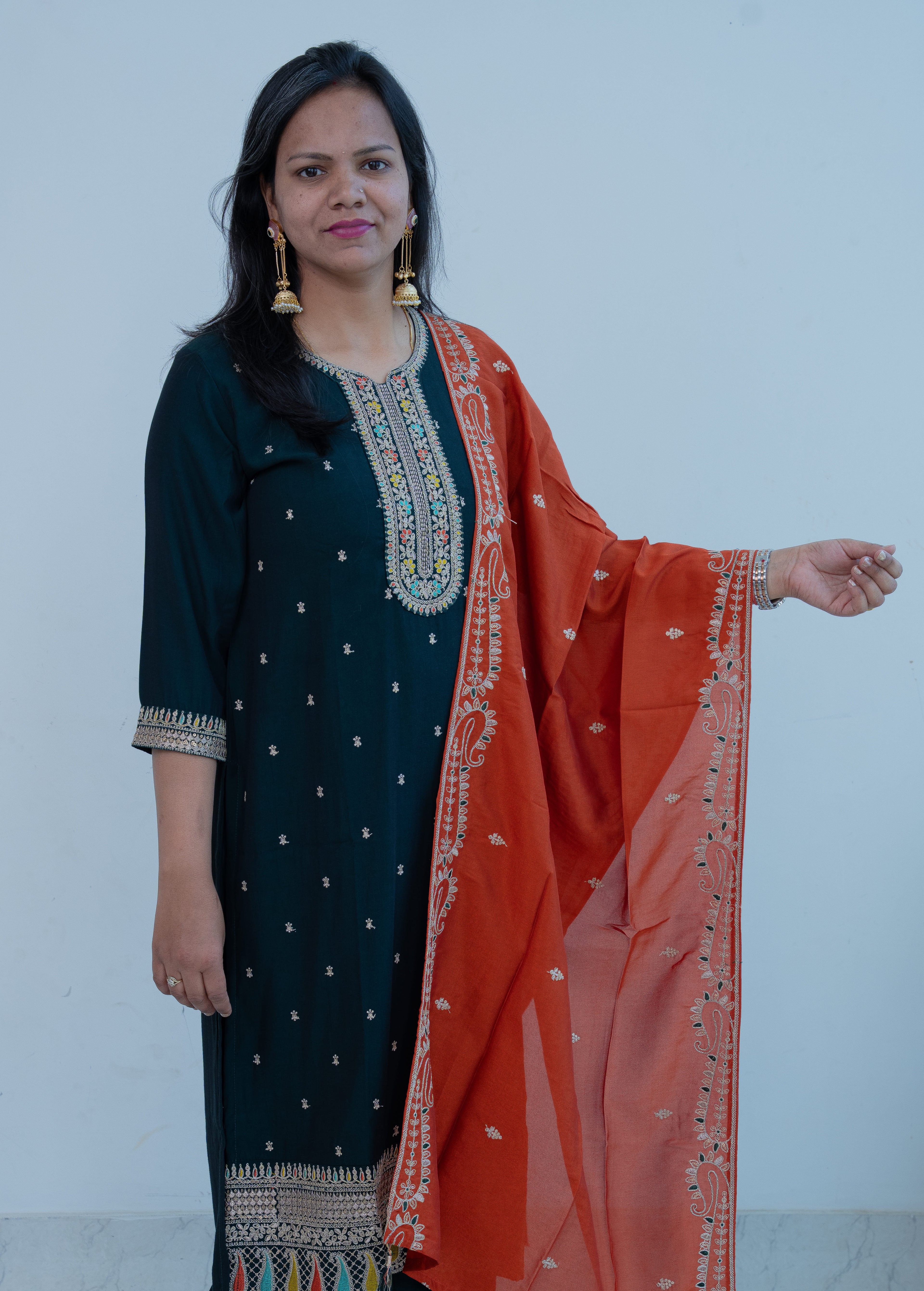 3-piece Navy Blue Multi-Color Embroidered Straight Suit Set with Rust Orange Contrast Dupatta"