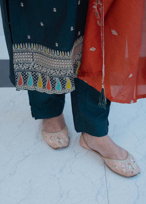 3-piece Navy Blue Multi-Color Embroidered Straight Suit Set with Rust Orange Contrast Dupatta"