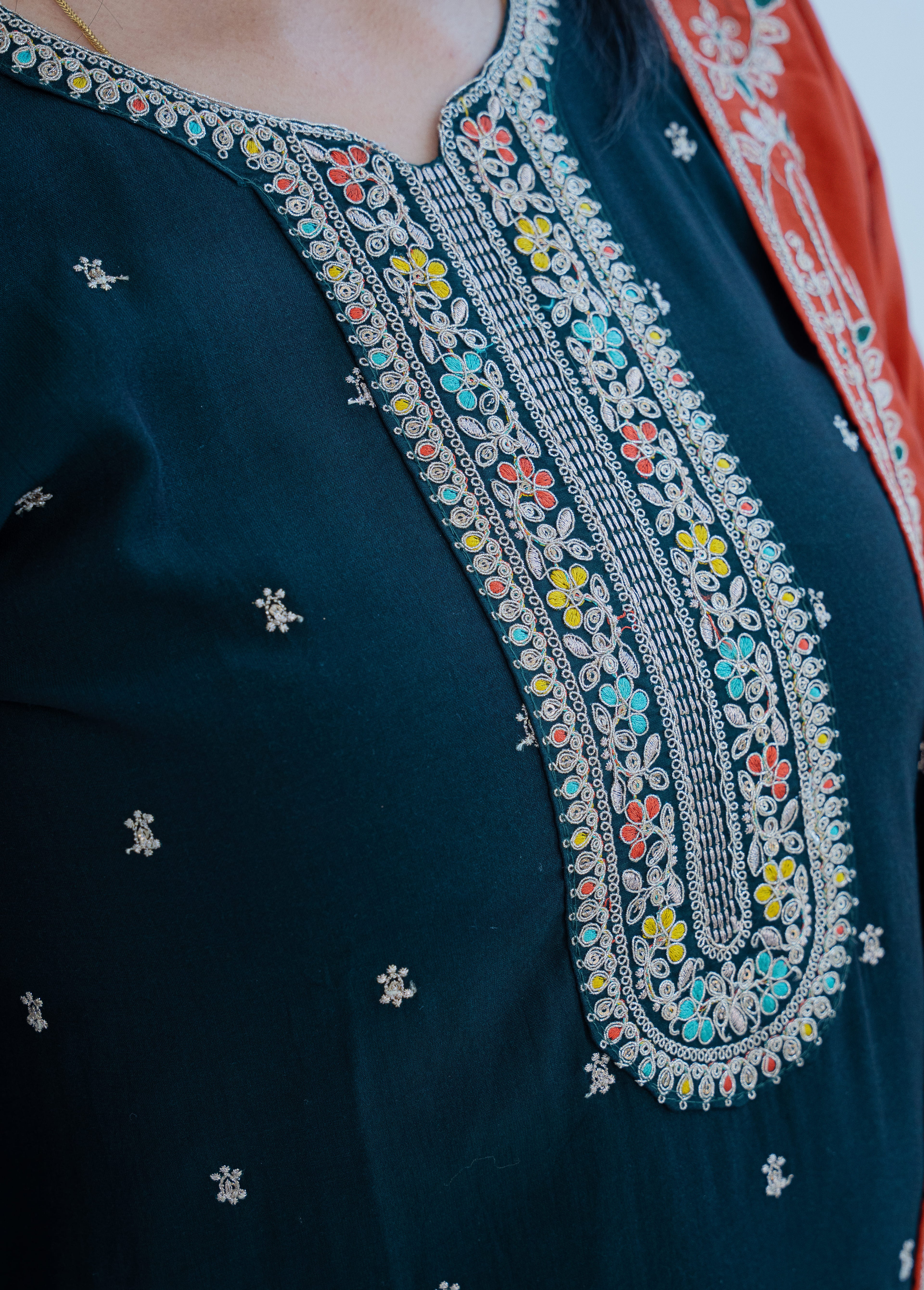 3-piece Navy Blue Multi-Color Embroidered Straight Suit Set with Rust Orange Contrast Dupatta"