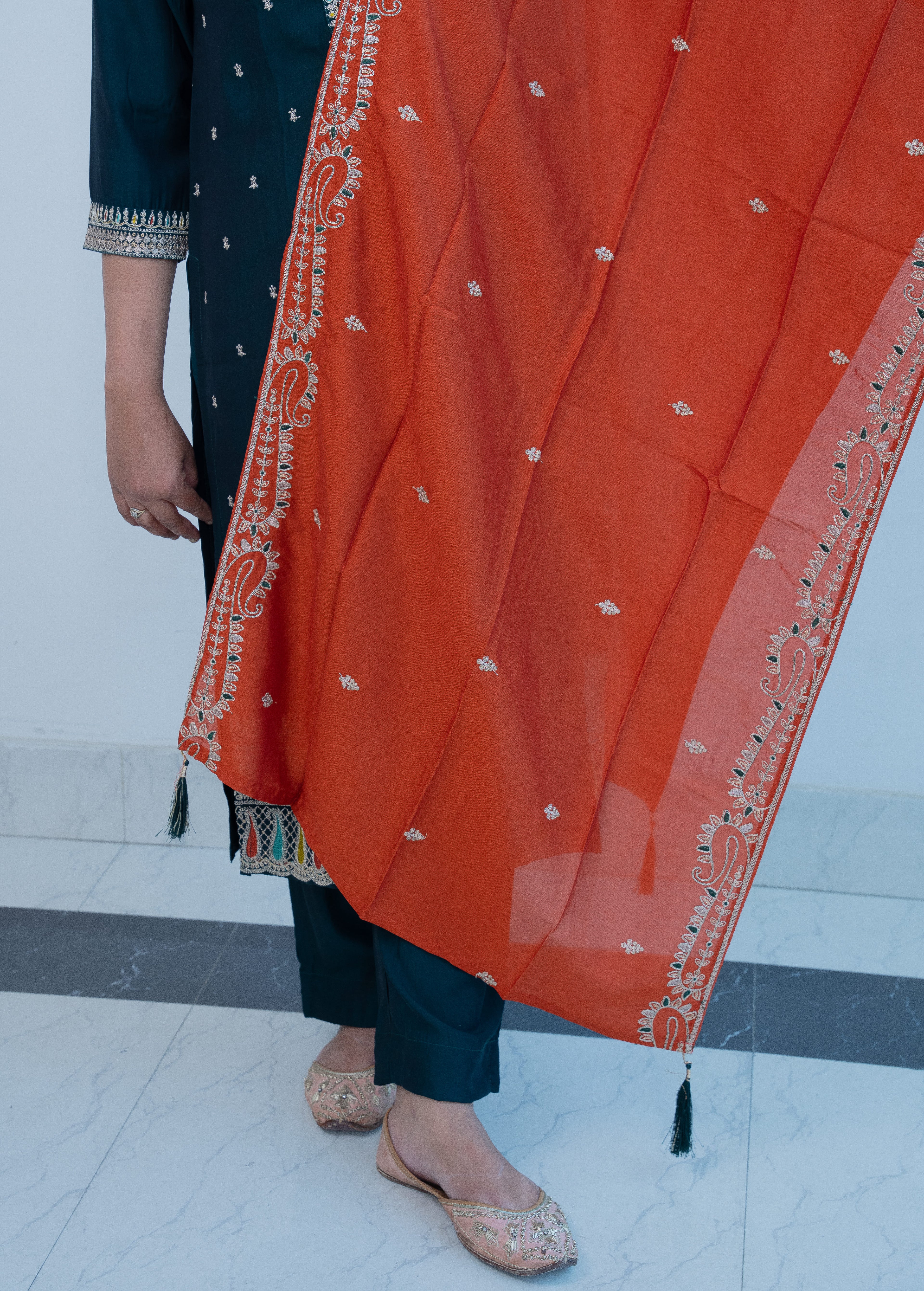 3-piece Navy Blue Multi-Color Embroidered Straight Suit Set with Rust Orange Contrast Dupatta"