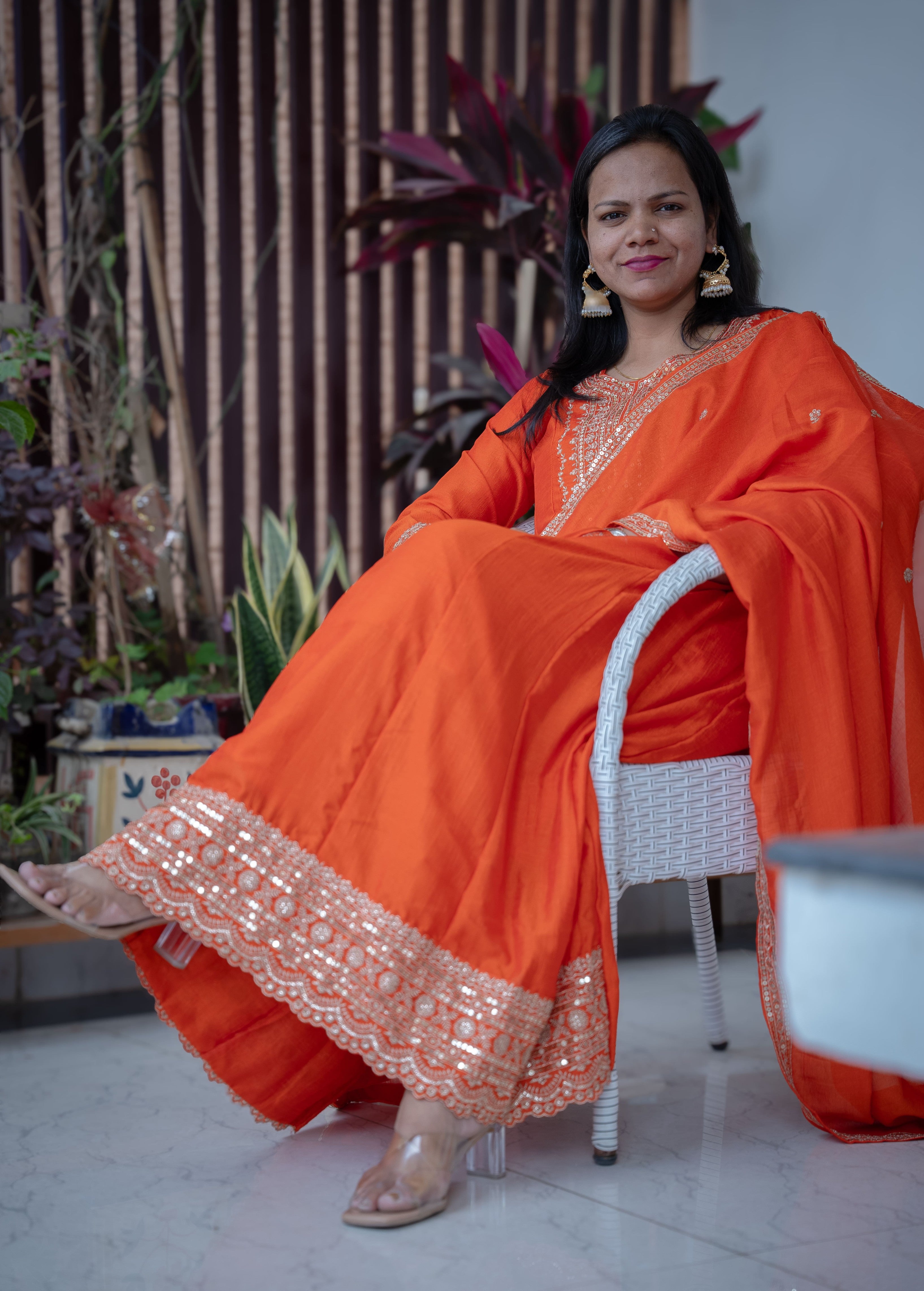 FANTA ORANGEANARKALI  WITH ZARI AND SEQUIENCE DETAILING