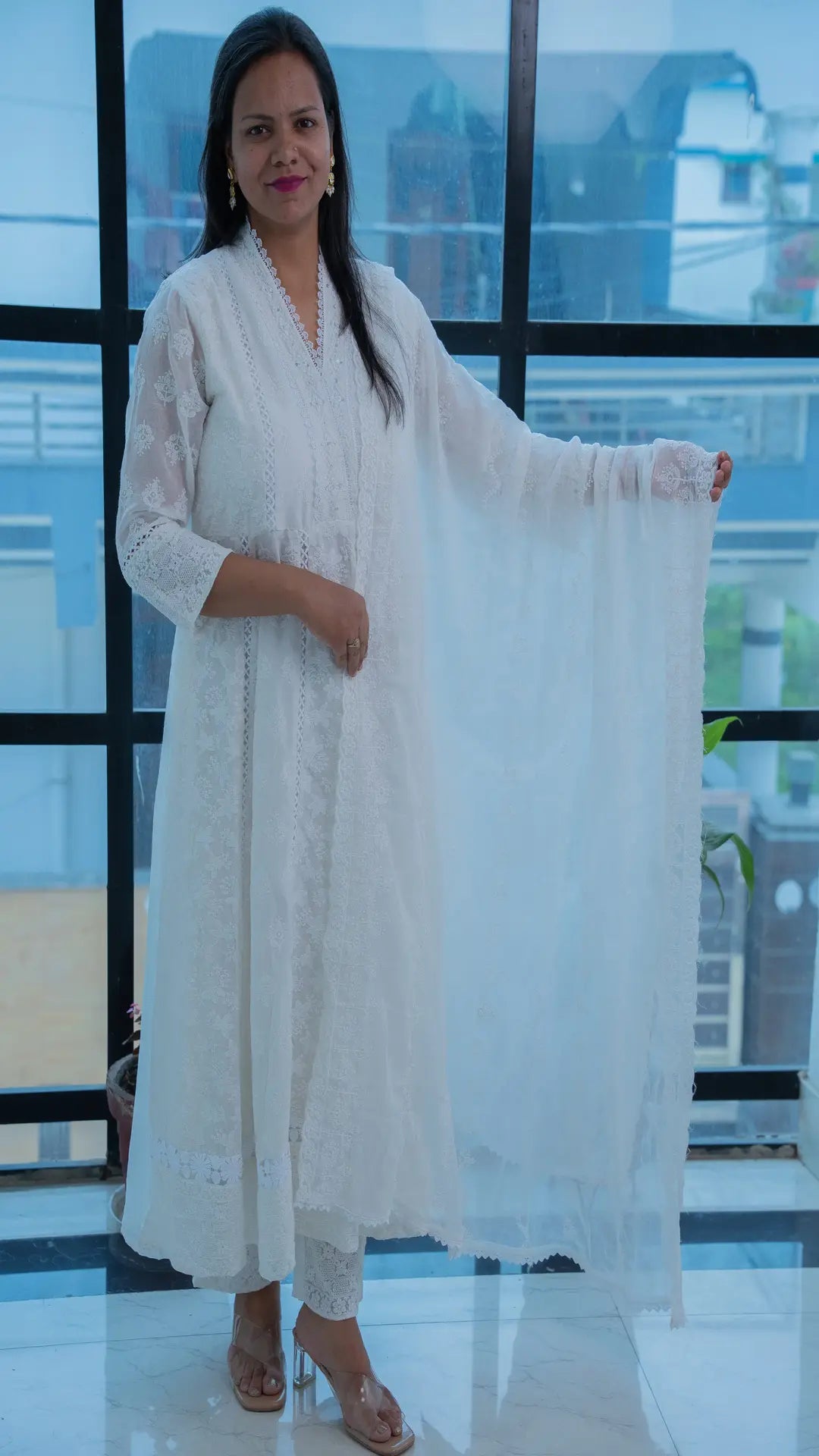 WHITE Mul Cotton Fully Embroidered Anarkali Suit with Embroidered Mal Cotton Duppata