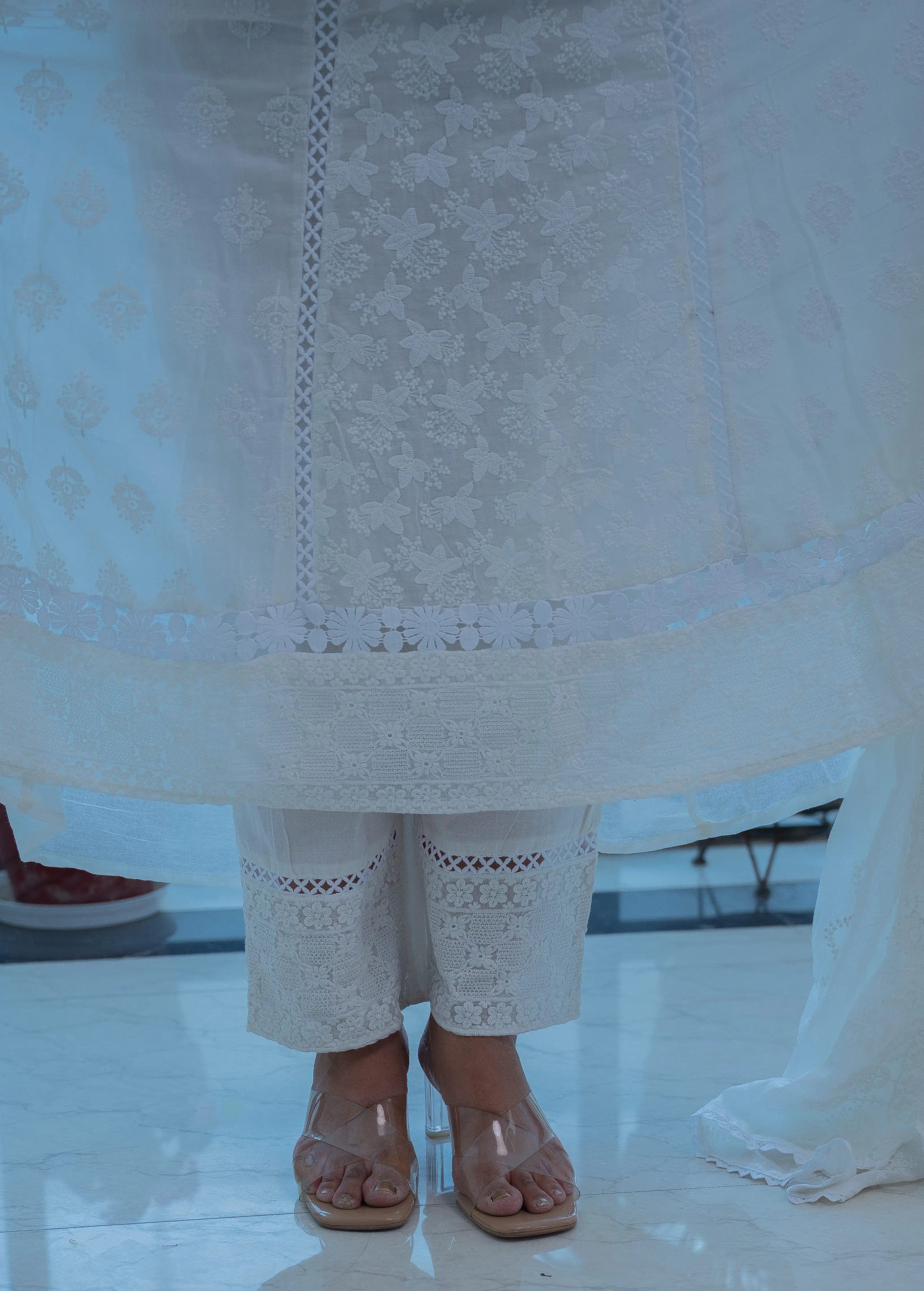 WHITE Mul Cotton Fully Embroidered Anarkali Suit with Embroidered Mal Cotton Duppata