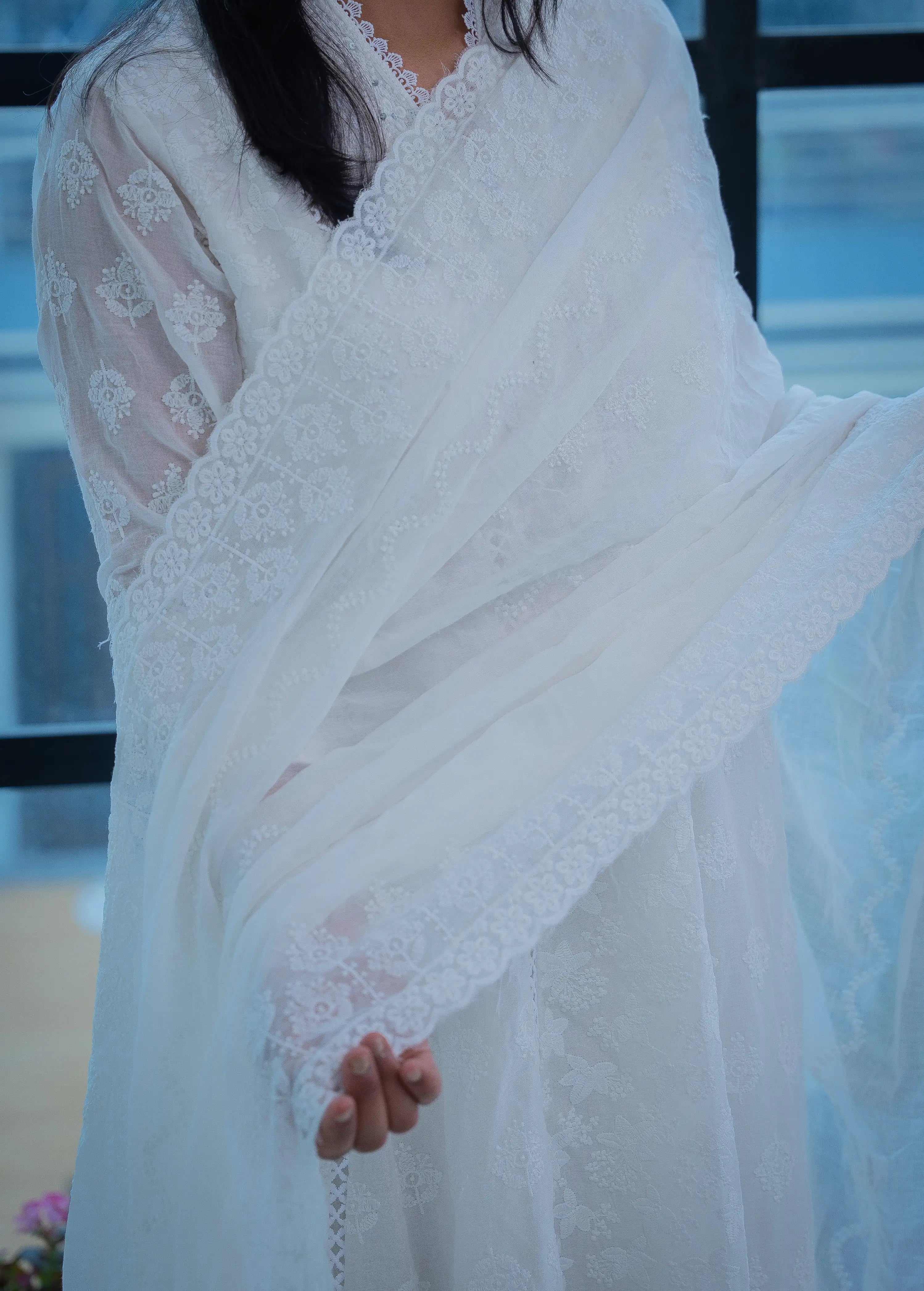 WHITE Mul Cotton Fully Embroidered Anarkali Suit with Embroidered Mal Cotton Duppata