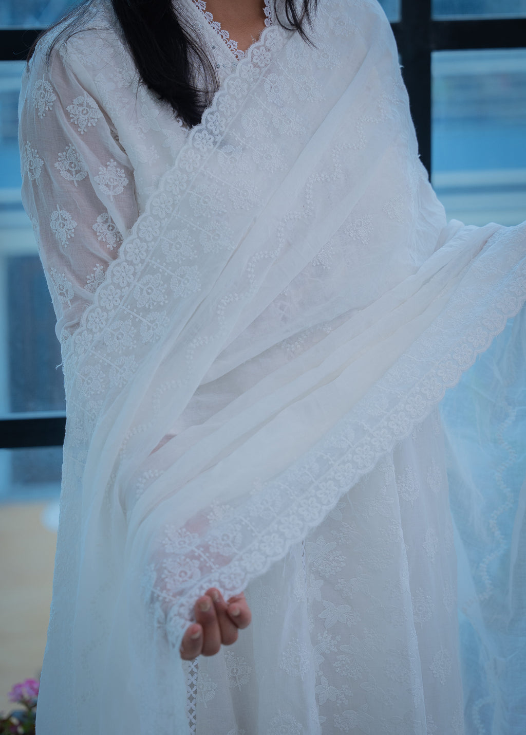 WHITE Mul Cotton Fully Embroidered Anarkali Suit with Embroidered Mal Cotton Duppata