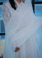 WHITE Mul Cotton Fully Embroidered Anarkali Suit with Embroidered Mal Cotton Duppata