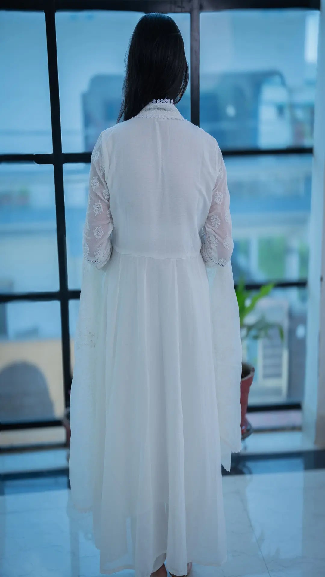 WHITE Mul Cotton Fully Embroidered Anarkali Suit with Embroidered Mal Cotton Duppata