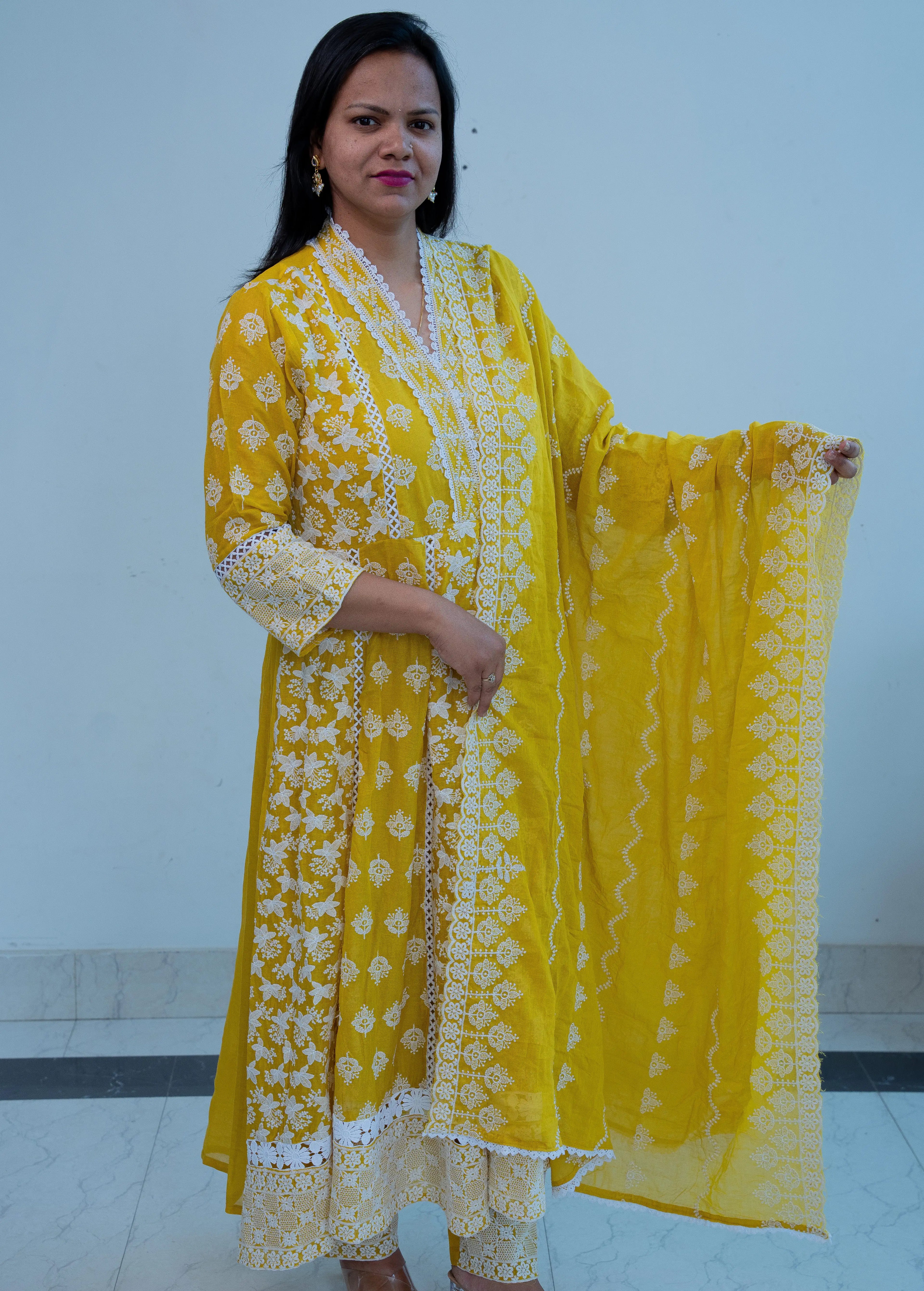 mustard Yellow Mul Cotton Fully Embroidered Anarkali Suit with Embroidered Mal Cotton Duppata